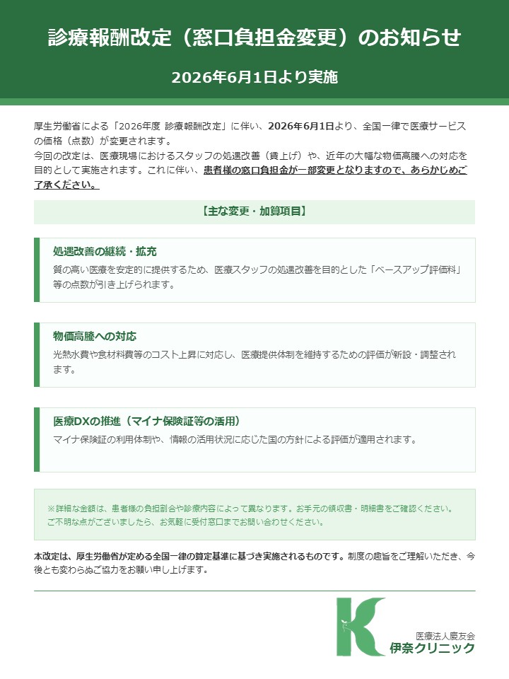診療報酬改定（窓口負担金変更）のお知らせ